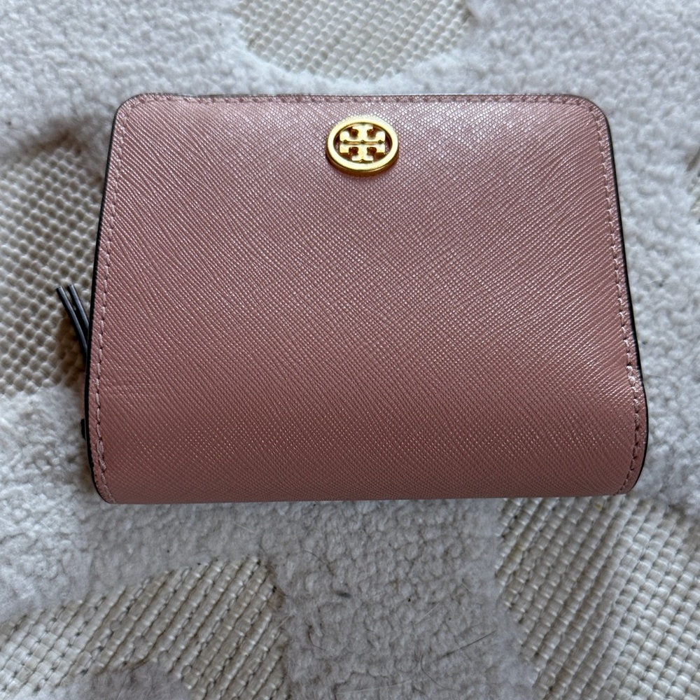 Tory Burch Pink Saffiano Leather Bifold Wallet with Gold Logo